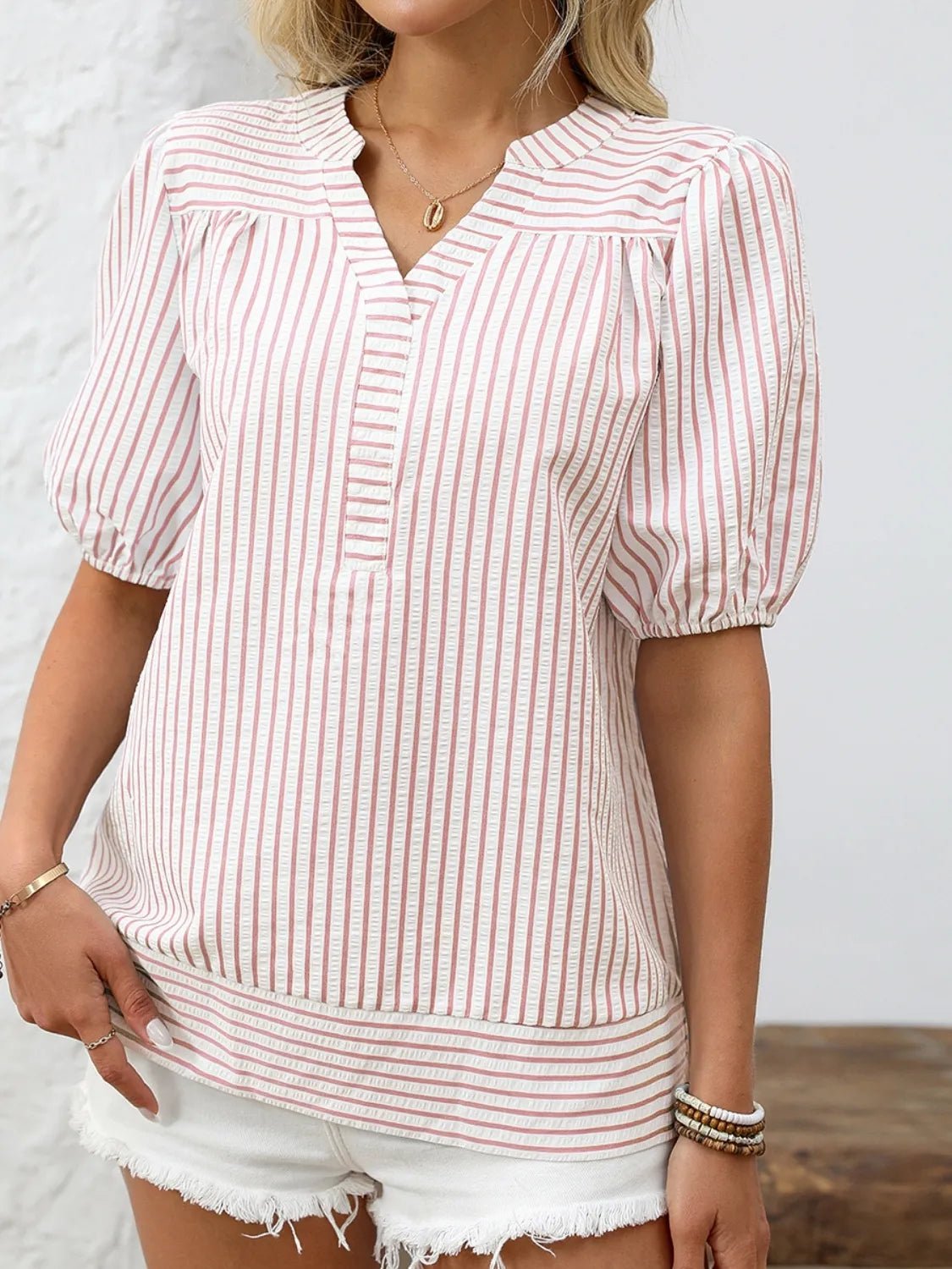 Striped Notched Puff Sleeve BlouseTop