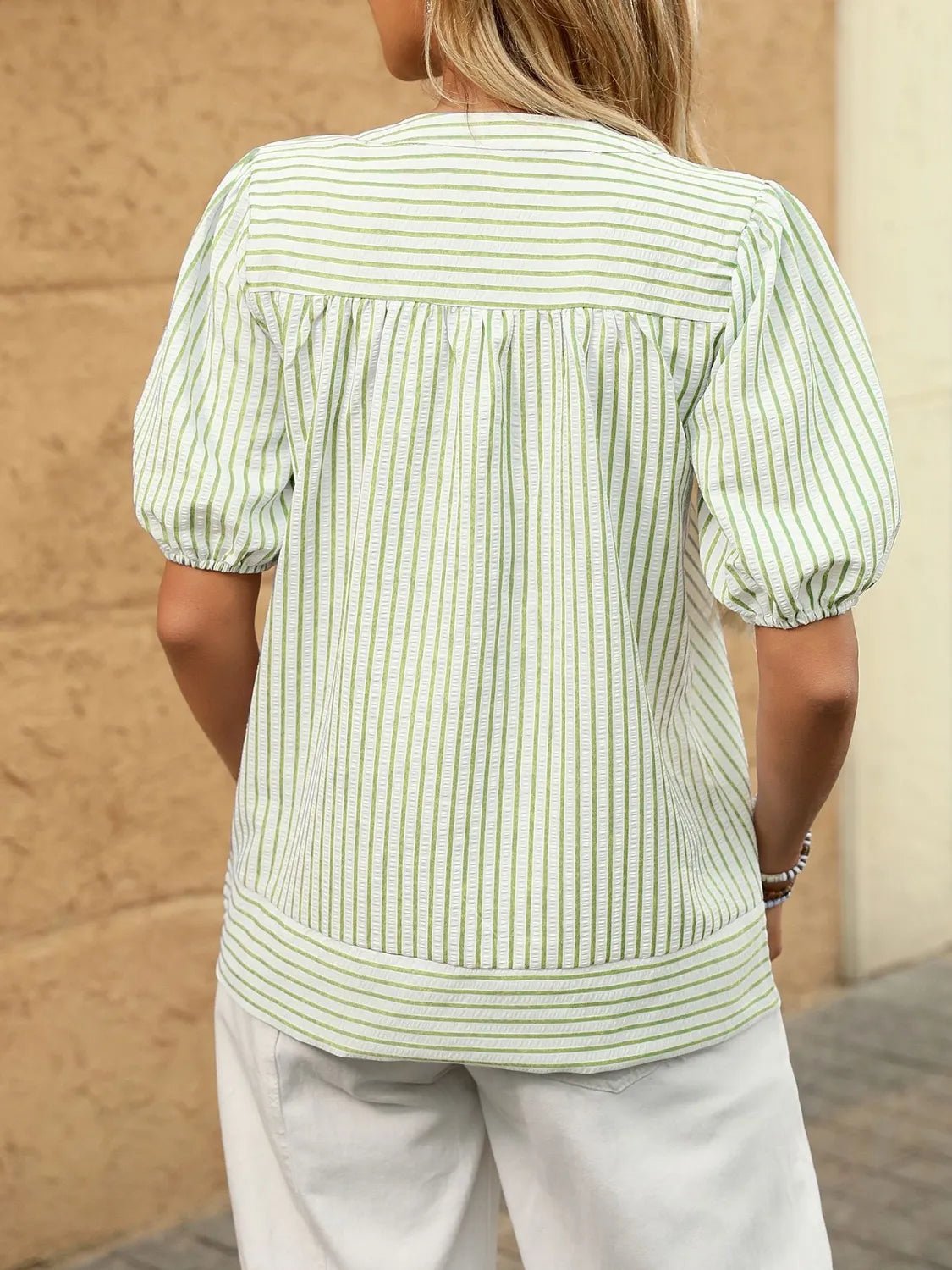 Striped Notched Puff Sleeve BlouseTop