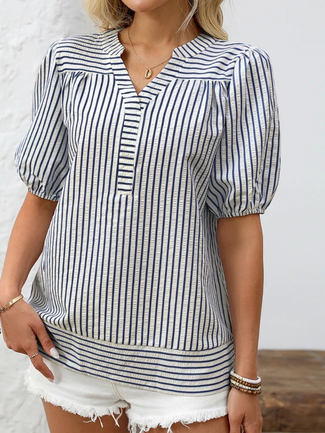 Striped Notched Puff Sleeve BlouseTop