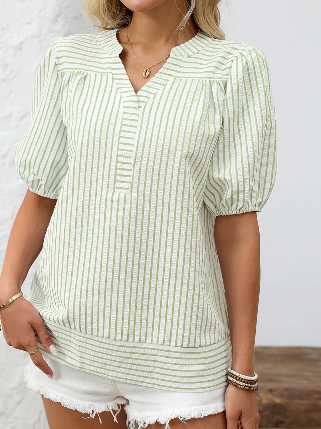 Striped Notched Puff Sleeve BlouseTop
