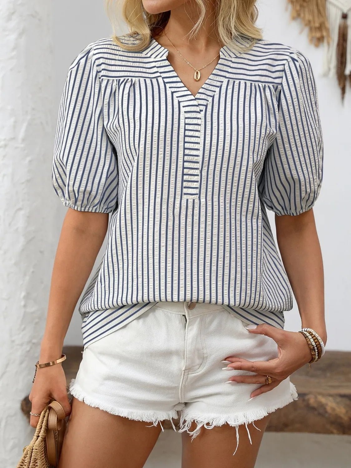 Striped Notched Puff Sleeve BlouseTop