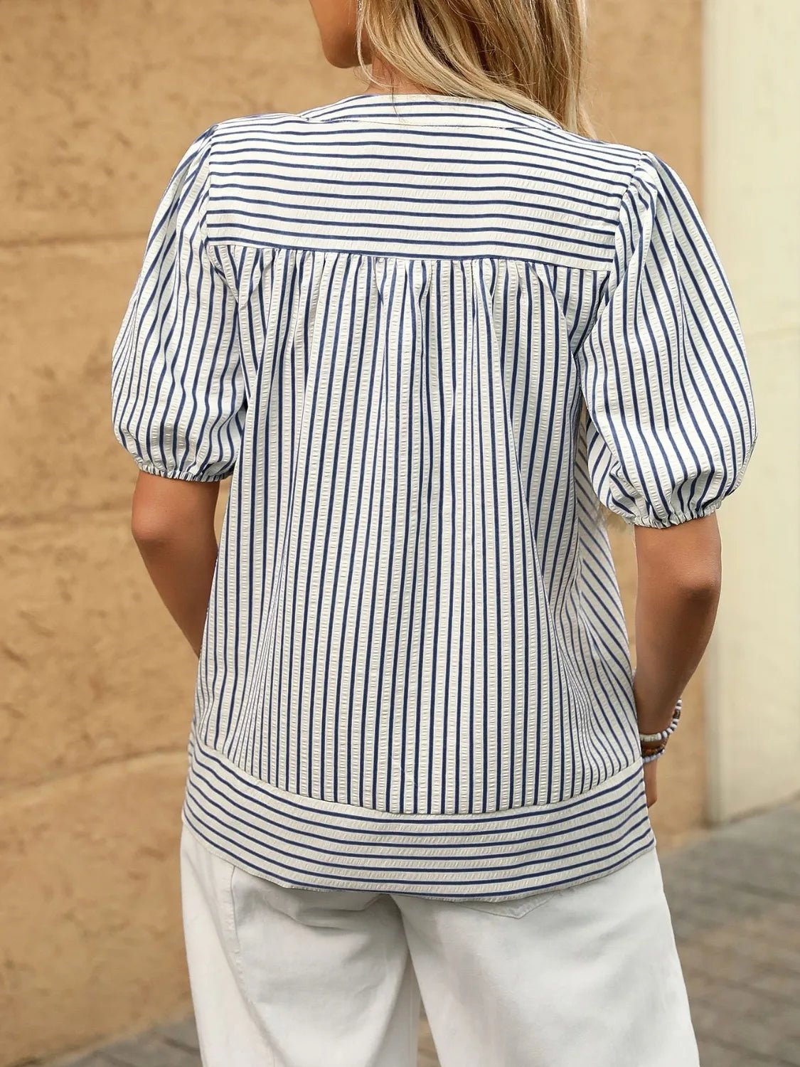 Striped Notched Puff Sleeve BlouseTop