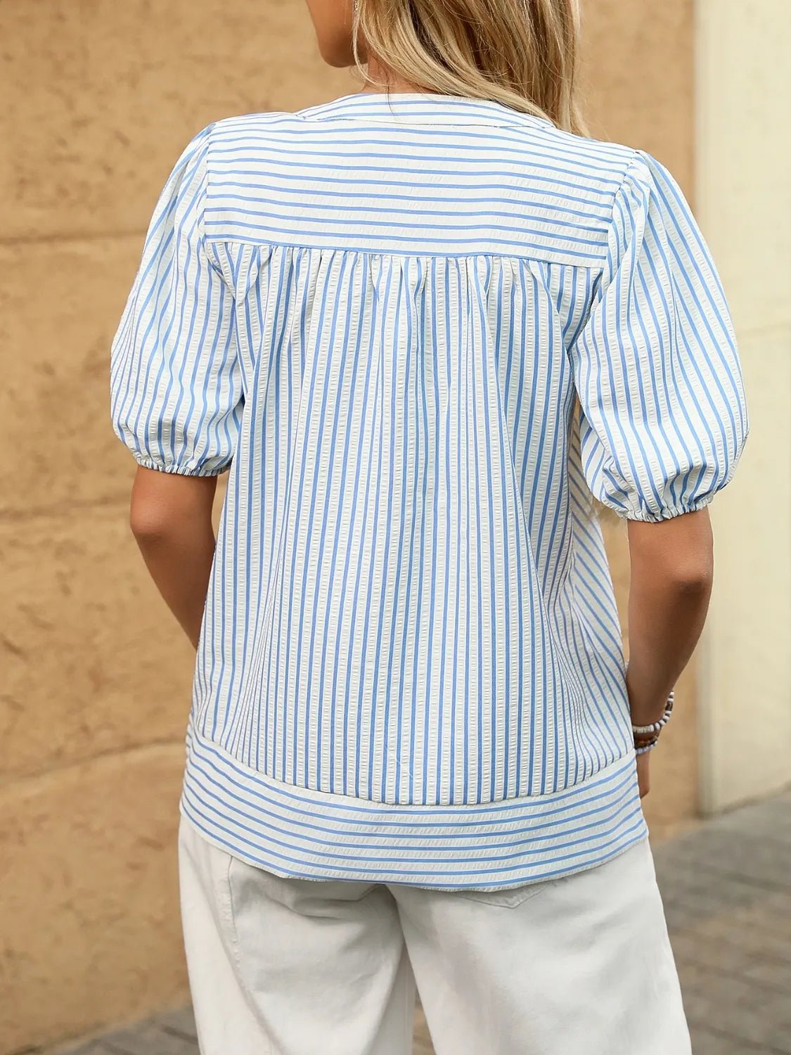 Striped Notched Puff Sleeve BlouseTop
