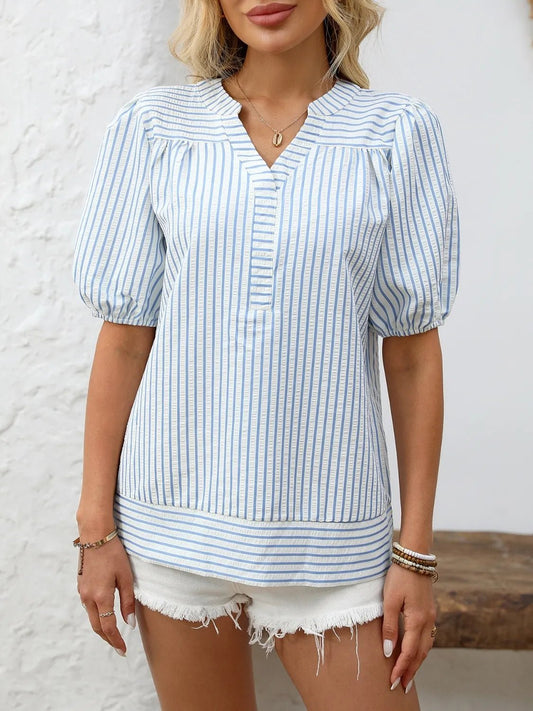 Striped Notched Puff Sleeve BlouseTop