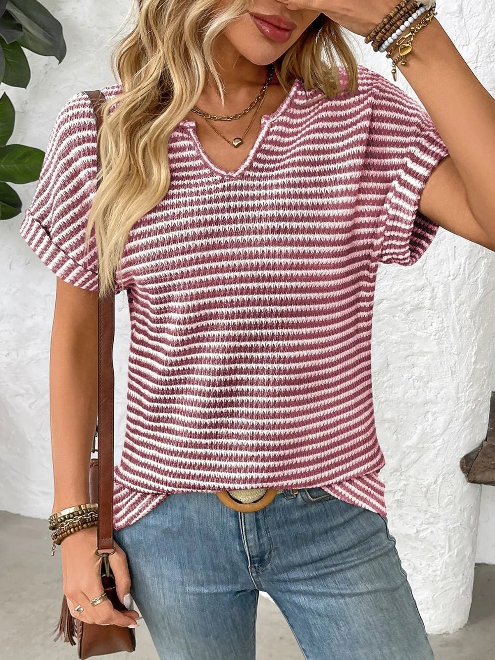 Striped Notched Short Sleeve T-ShirtTop