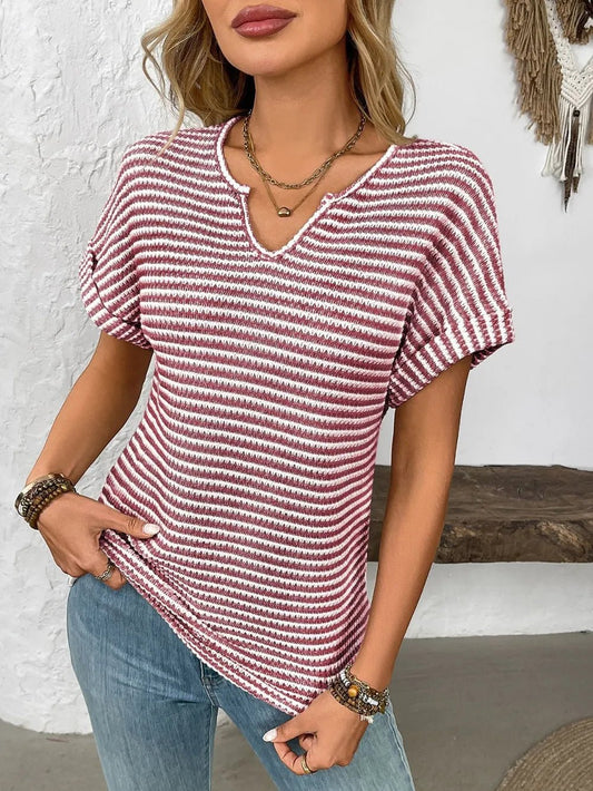 Striped Notched Short Sleeve T-ShirtTop