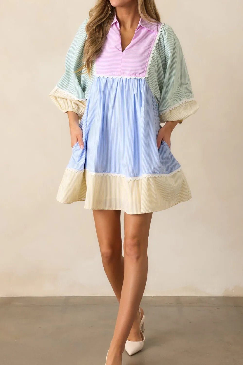 Striped Patchwork Ric Rac Puff Sleeve Collared Mini Dress