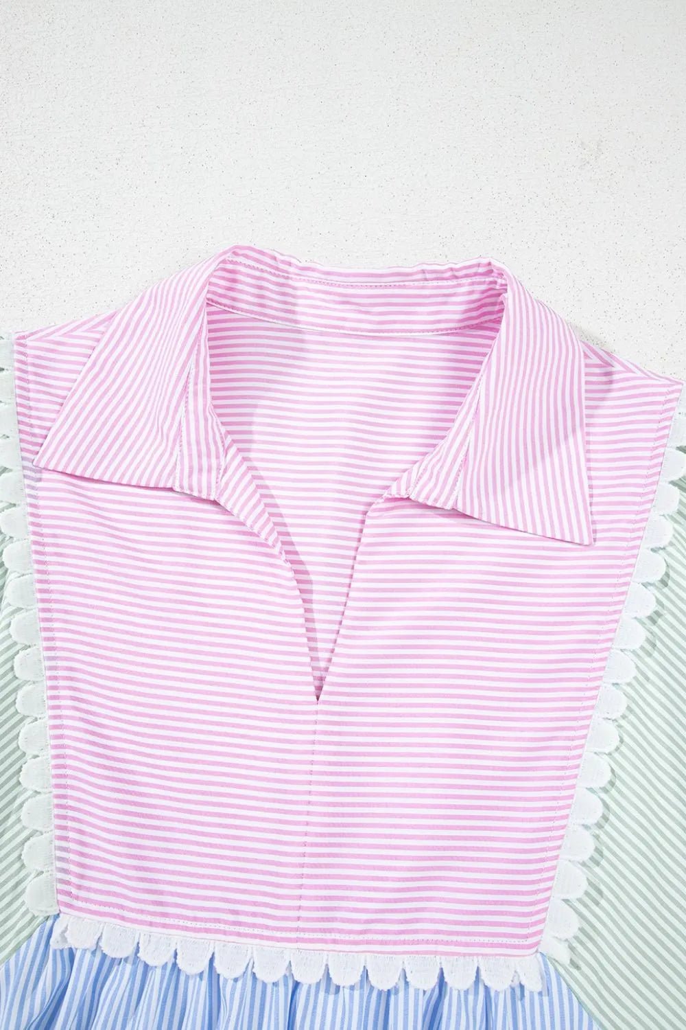 Striped Patchwork Ric Rac Puff Sleeve Collared Mini Dress