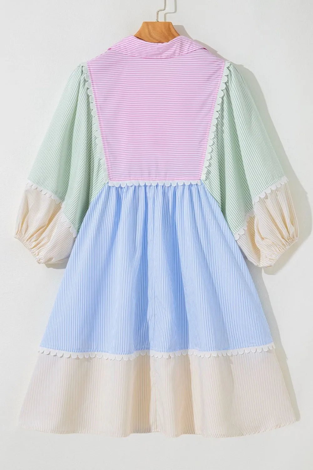Striped Patchwork Ric Rac Puff Sleeve Collared Mini Dress