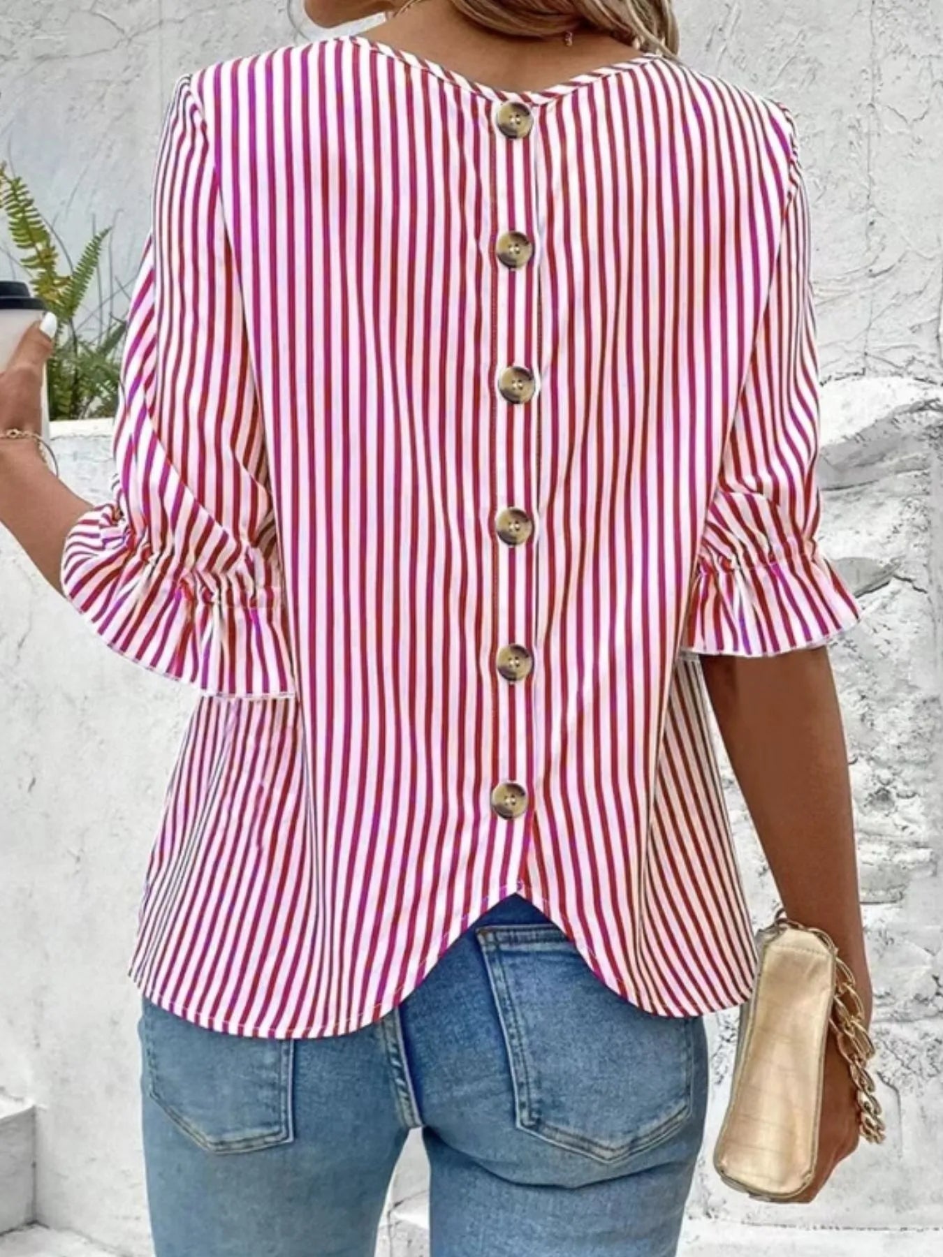 Striped Round Neck Half Sleeve Casual Blouse