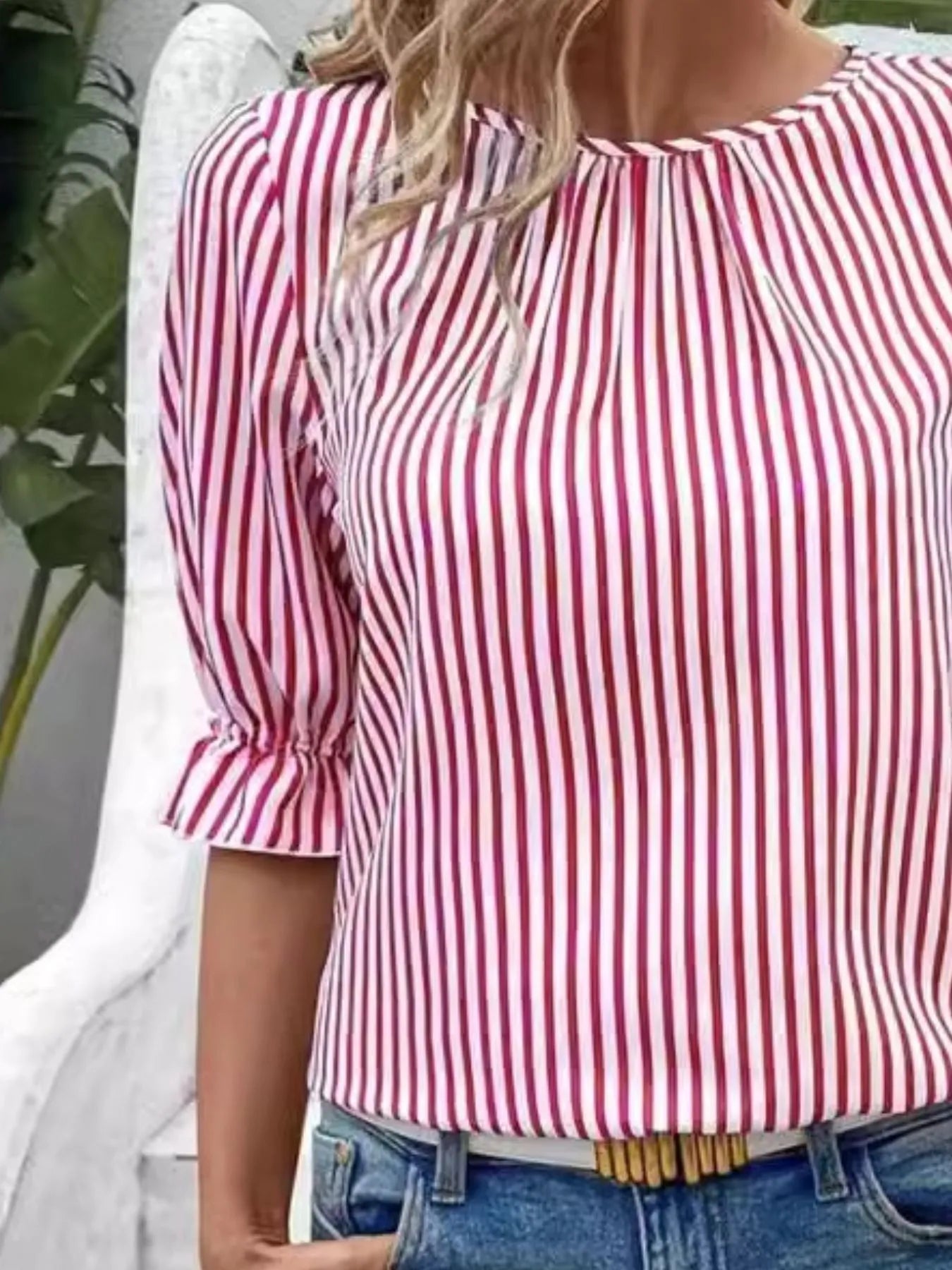 Striped Round Neck Half Sleeve Casual Blouse