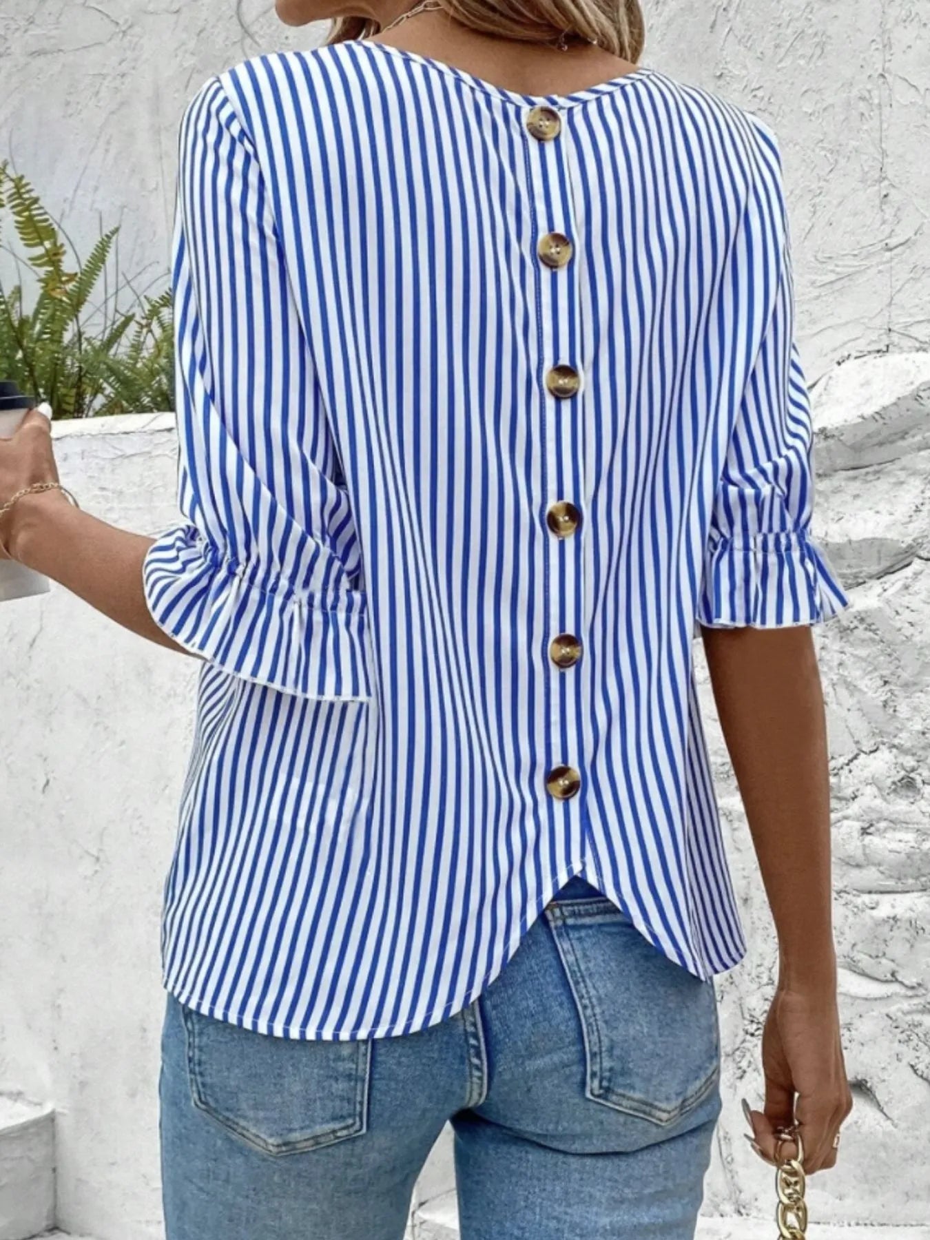 Striped Round Neck Half Sleeve Casual Blouse