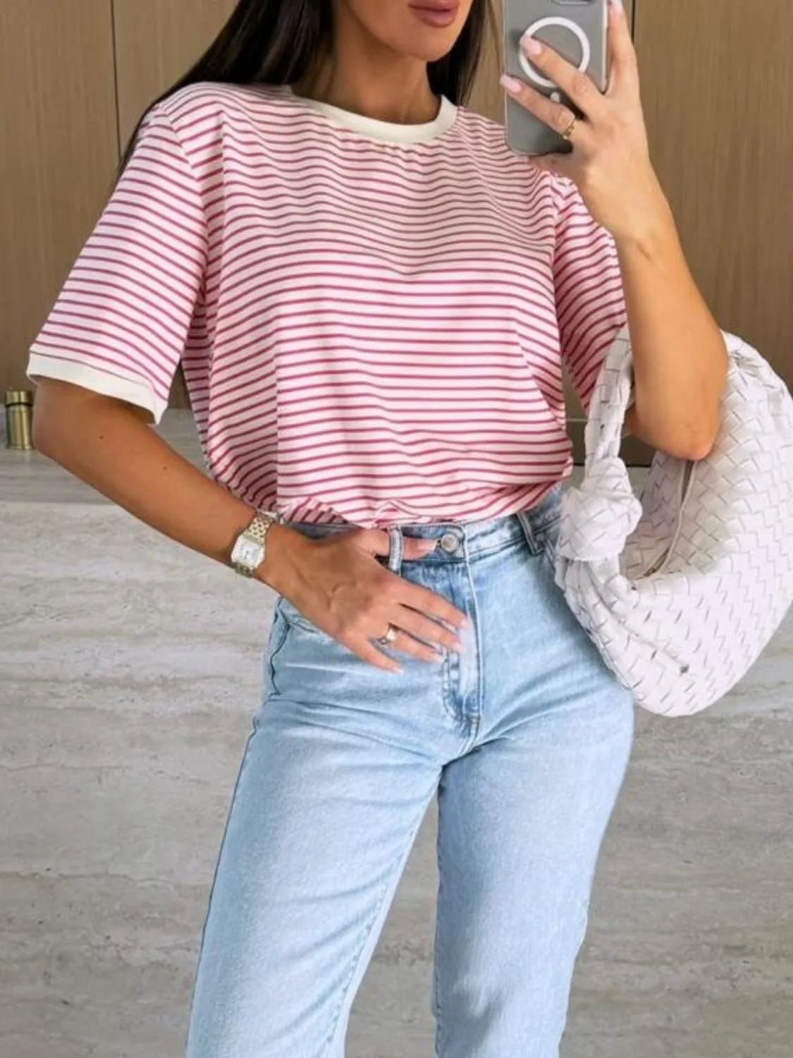 Striped Round Neck Short Sleeve T-Shirt