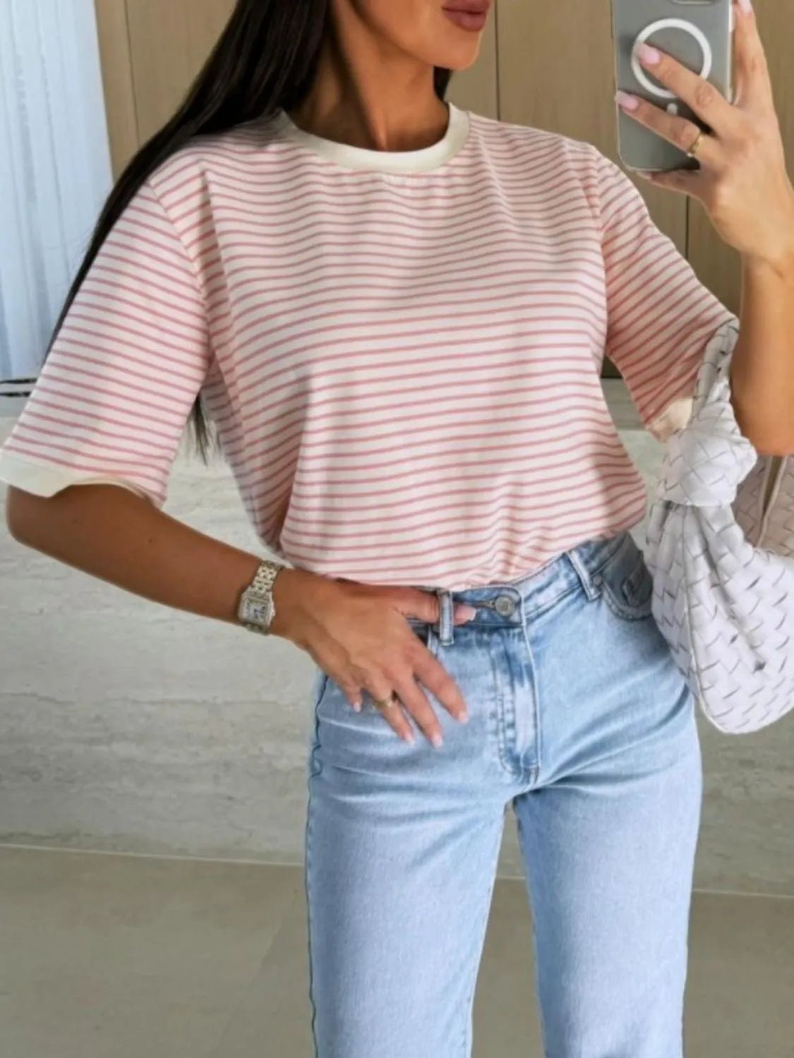Striped Round Neck Short Sleeve T-Shirt
