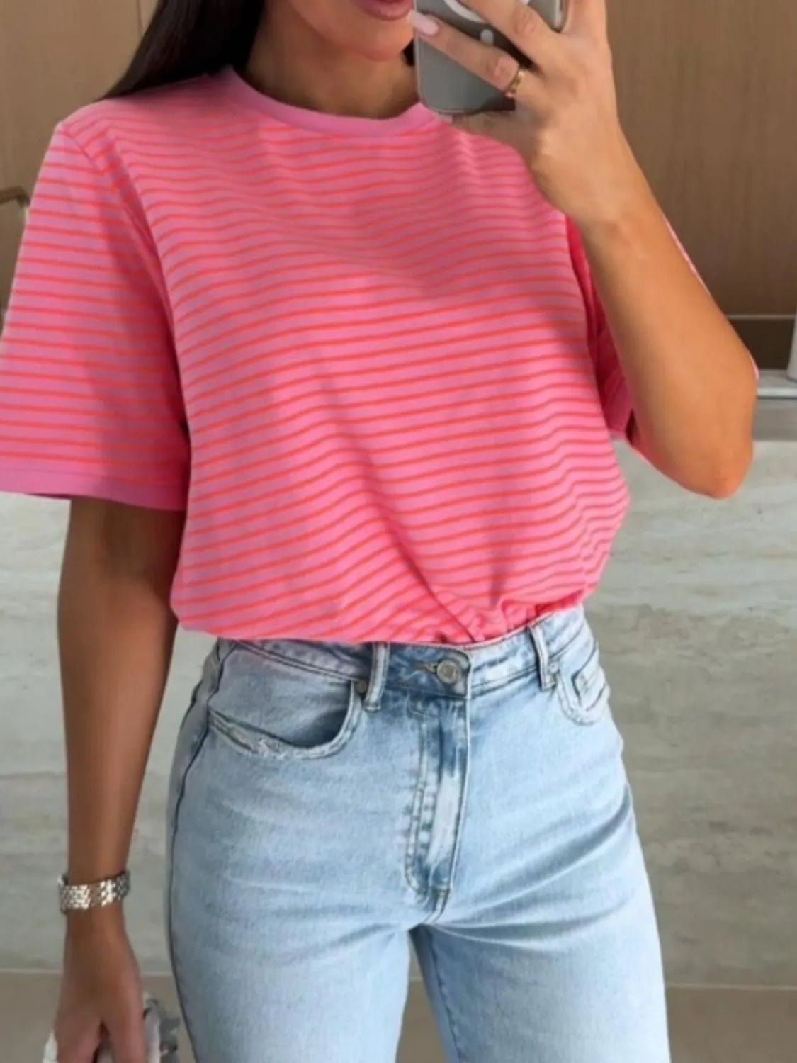 Striped Round Neck Short Sleeve T-Shirt