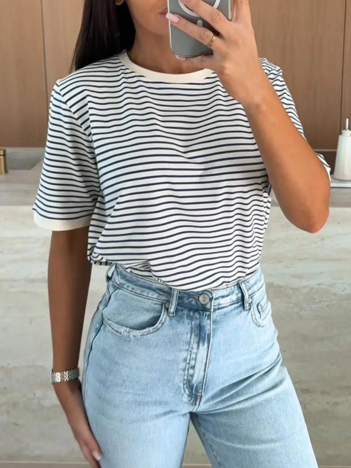Striped Round Neck Short Sleeve T-Shirt