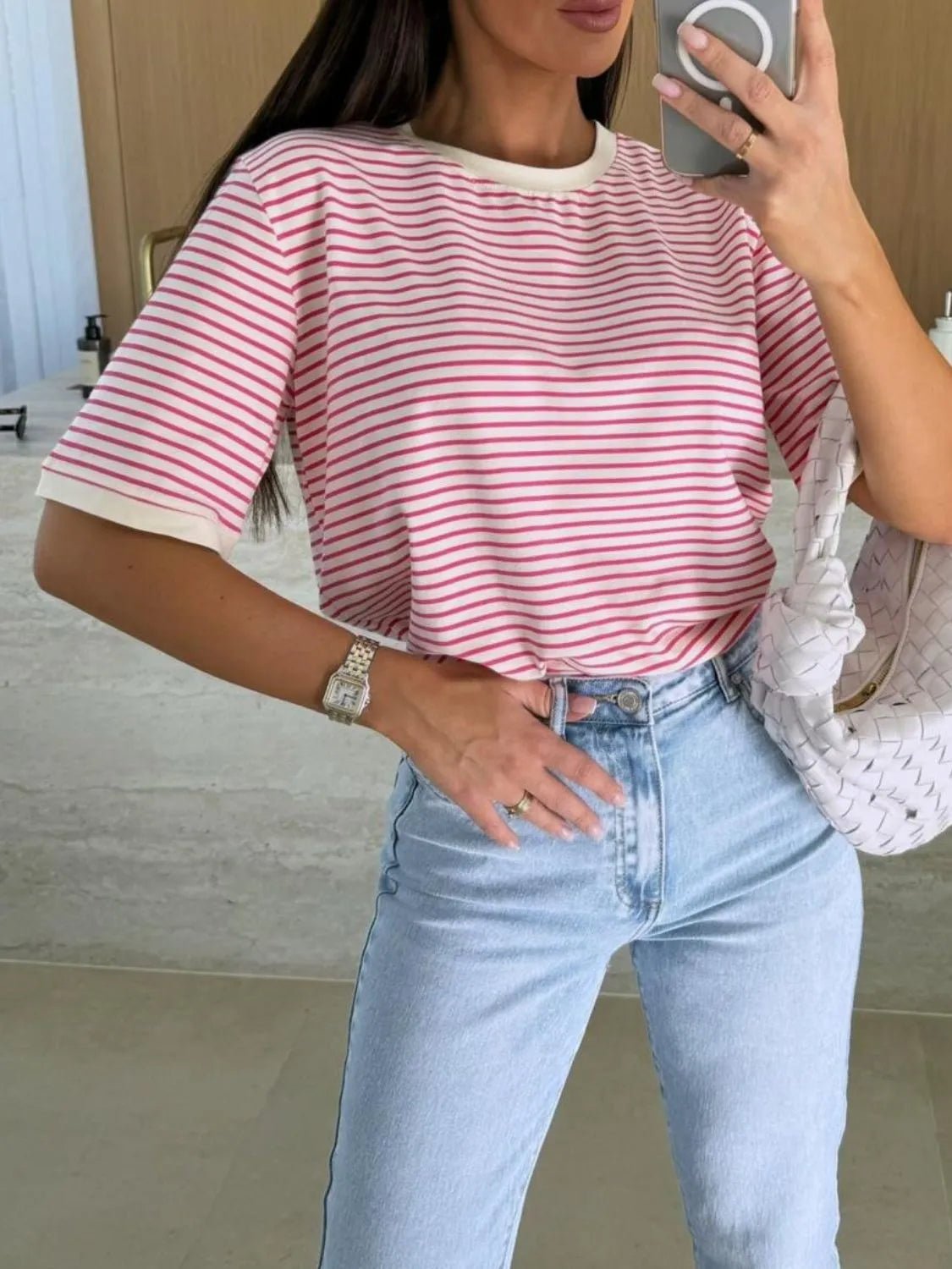 Striped Round Neck Short Sleeve T-Shirt