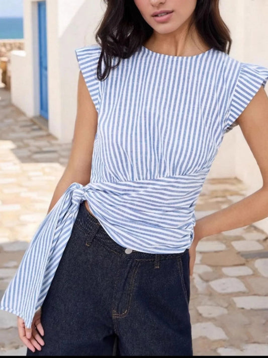 Striped Tied Cap Sleeve Blouse