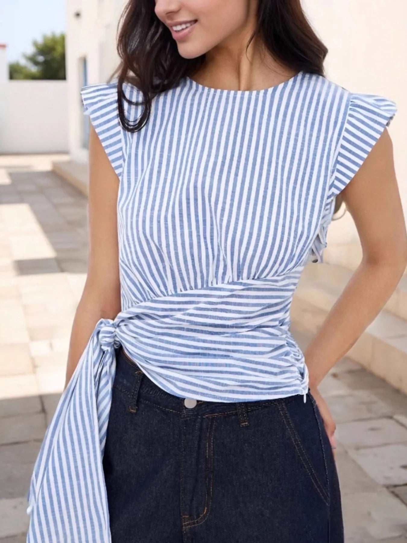 Striped Tied Cap Sleeve Blouse