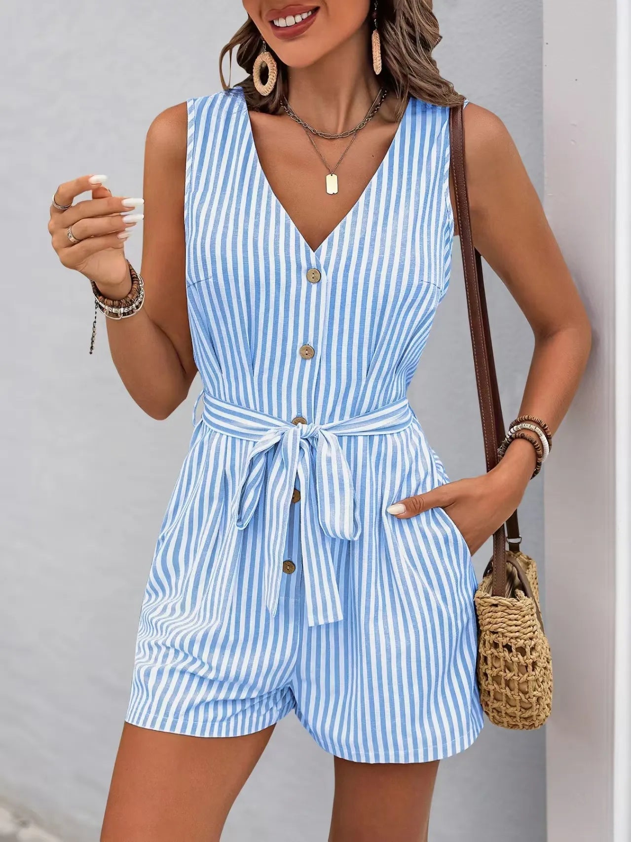 Striped V - neck Button Front Belted Romper