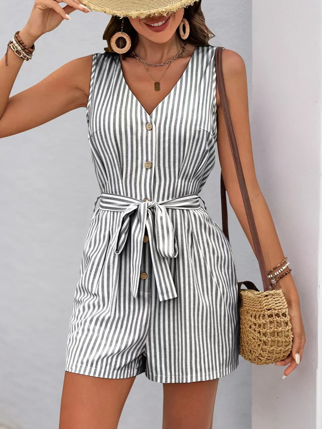 Striped V - neck Button Front Belted Romper