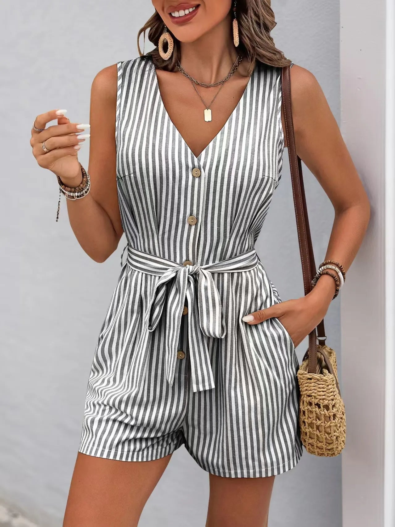 Striped V - neck Button Front Belted Romper