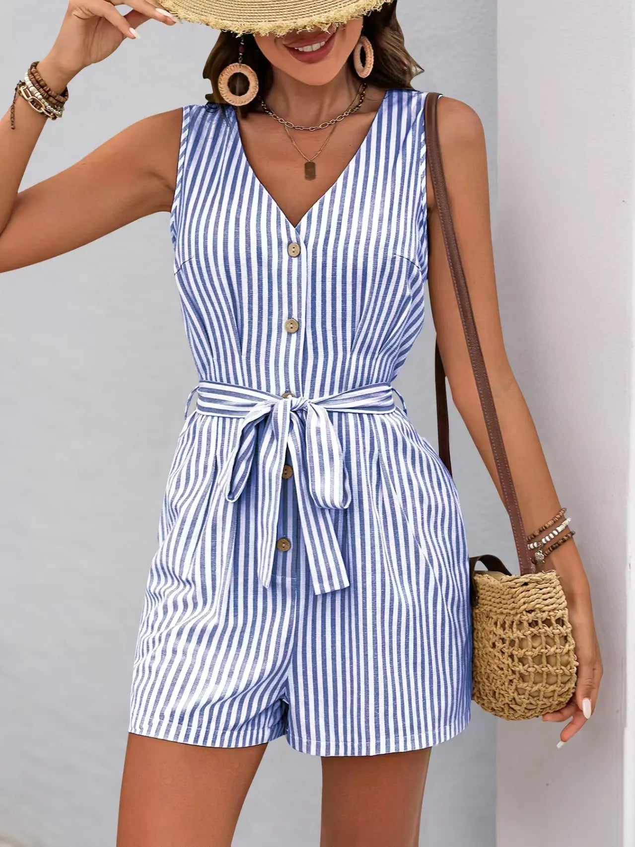 Striped V - neck Button Front Belted Romper