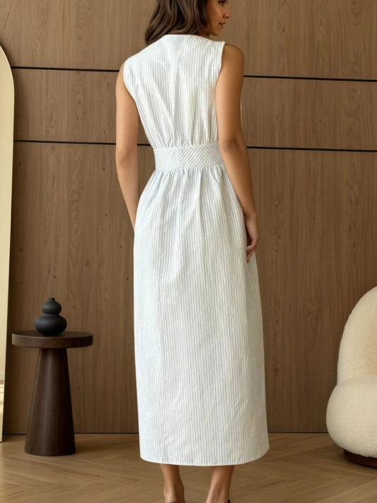 Striped V - Neck Sleeveless Midi Dress