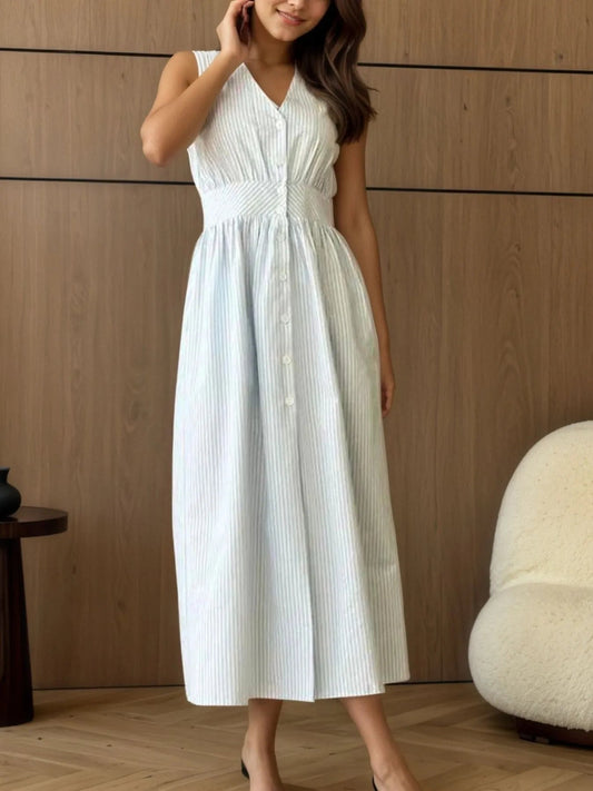 Striped V - Neck Sleeveless Midi Dress
