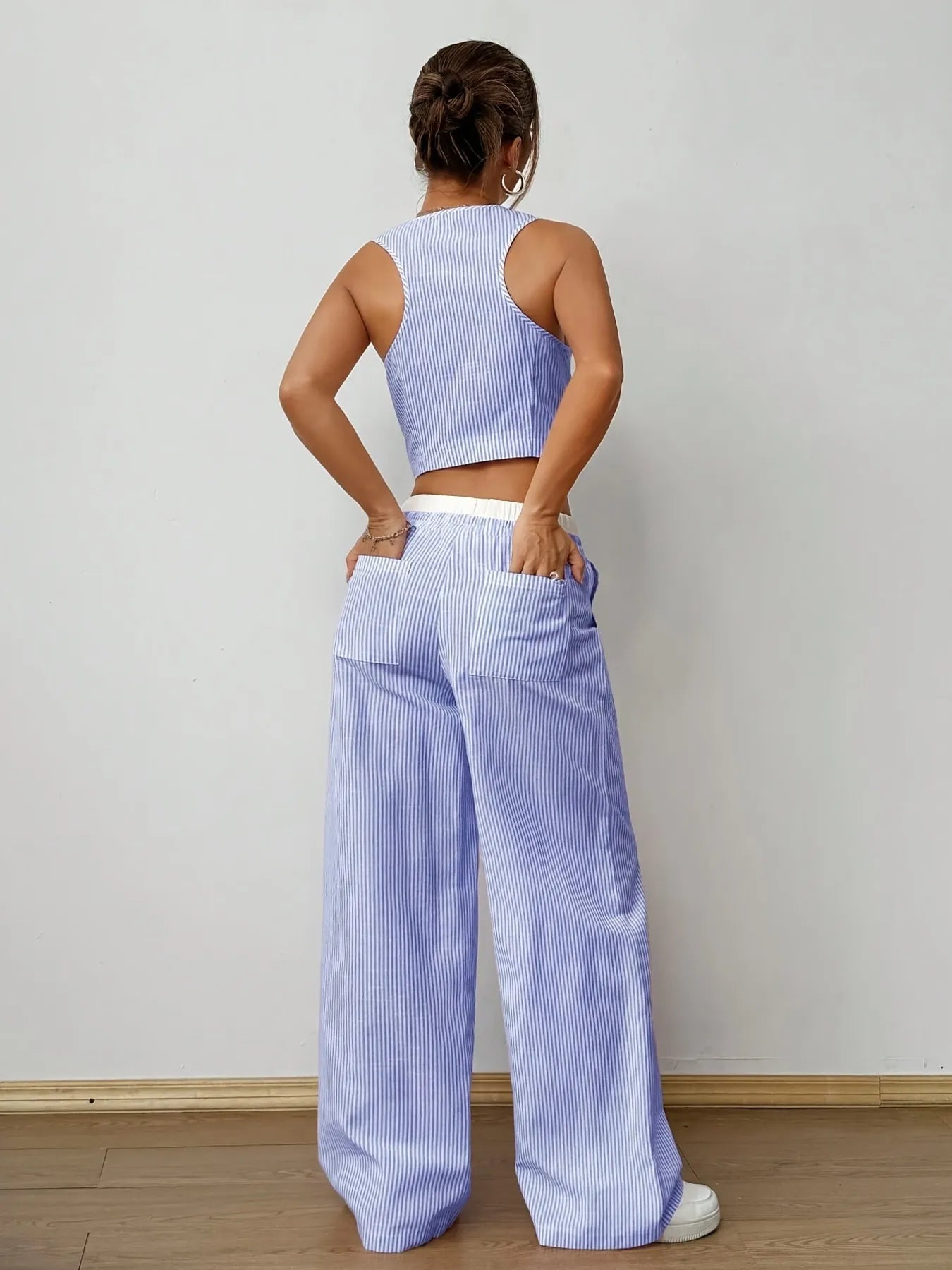 Striped Vest Top and Wide Leg Pants Two - Piece Set
