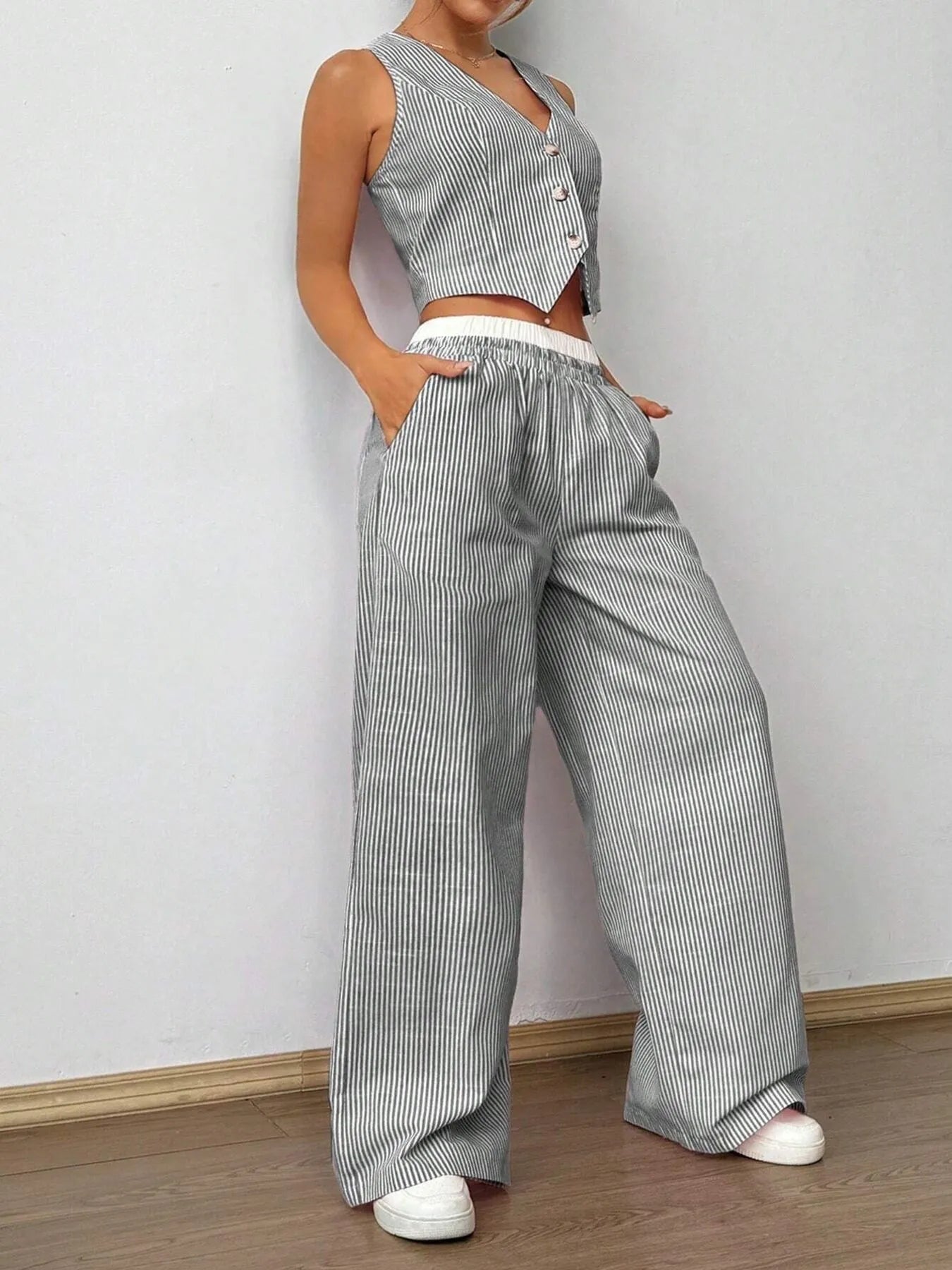 Striped Vest Top and Wide Leg Pants Two - Piece Set