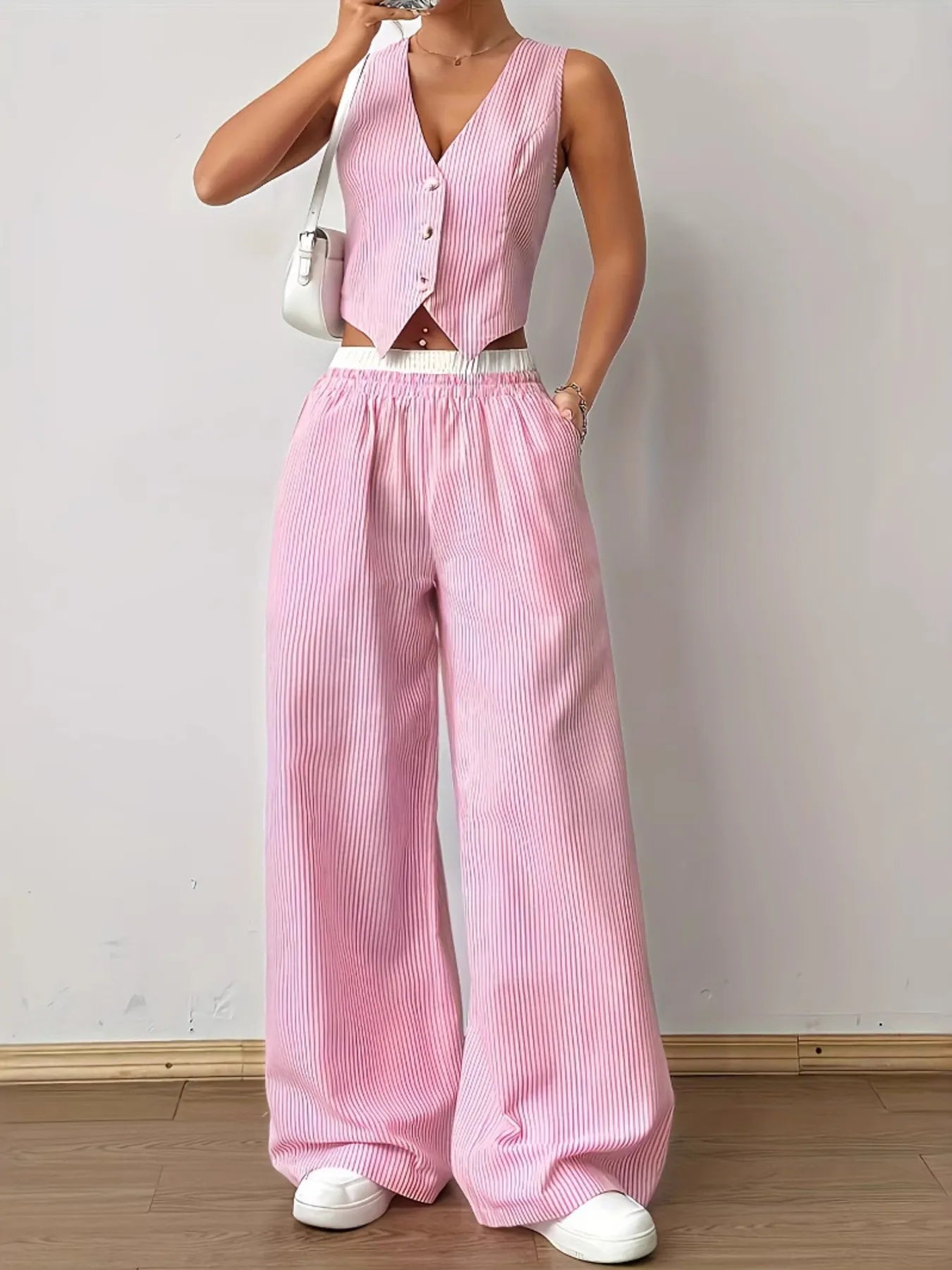 Striped Vest Top and Wide Leg Pants Two - Piece Set