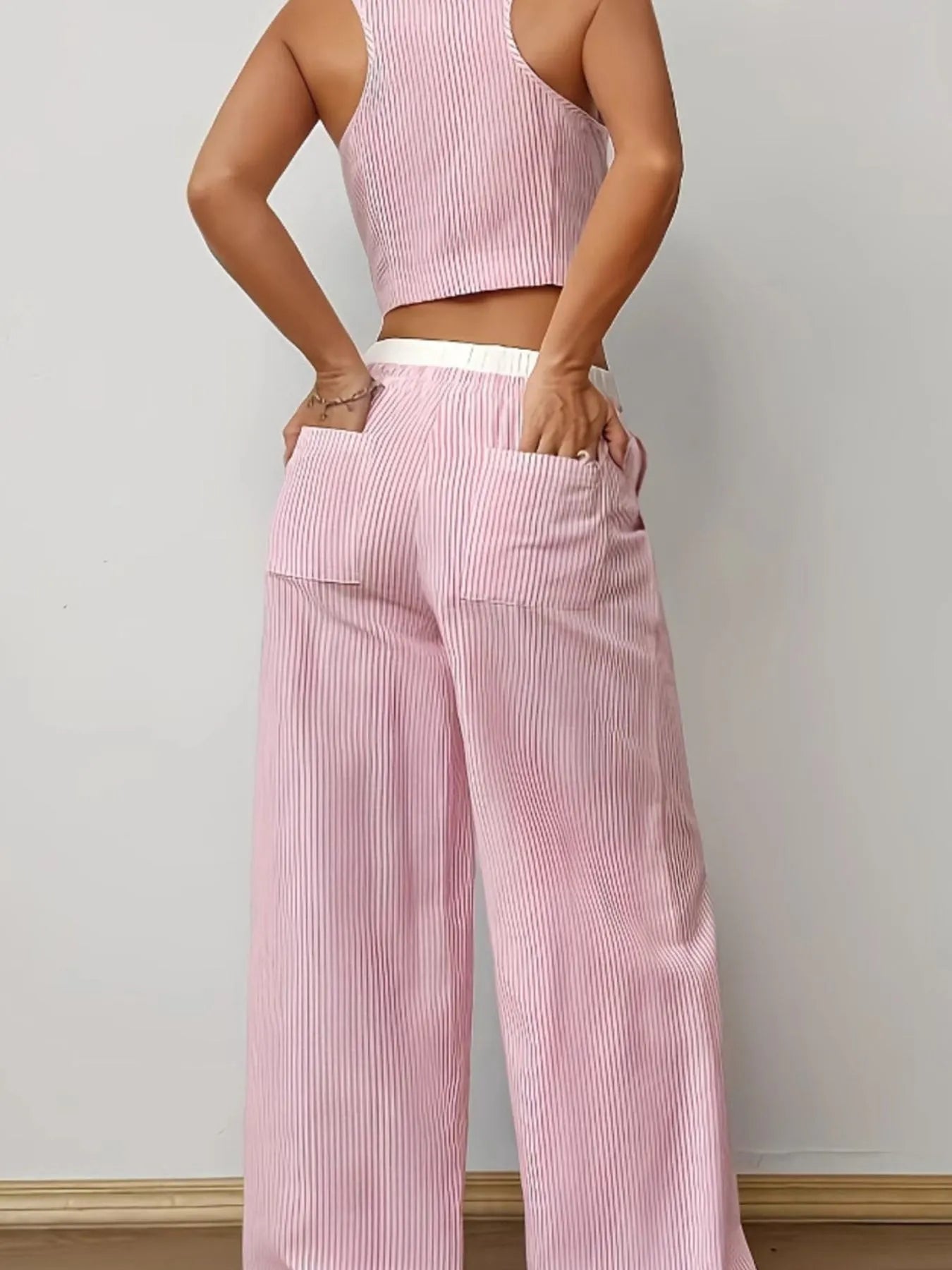Striped Vest Top and Wide Leg Pants Two - Piece Set