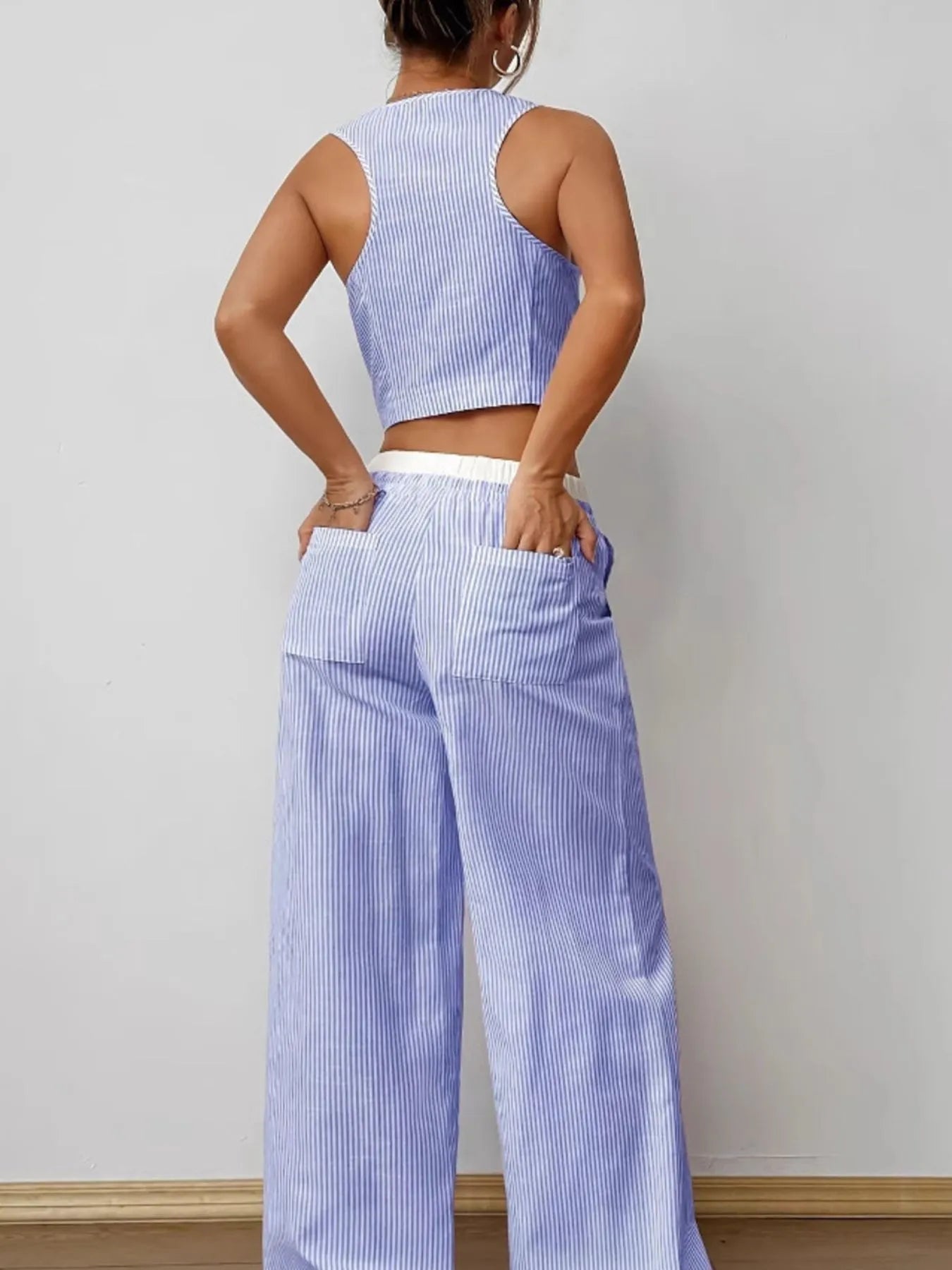 Striped Vest Top and Wide Leg Pants Two - Piece Set