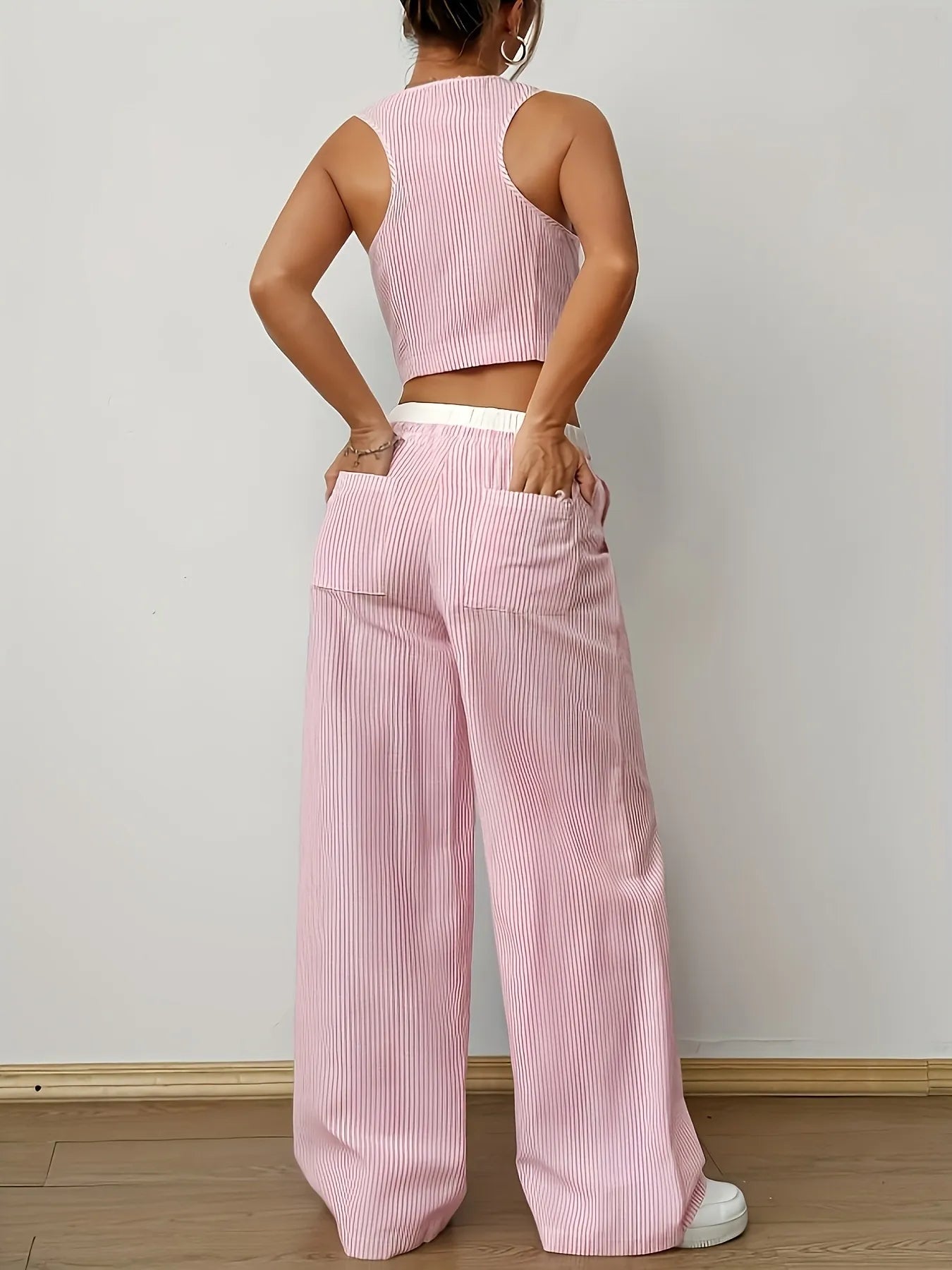 Striped Vest Top and Wide Leg Pants Two - Piece Set