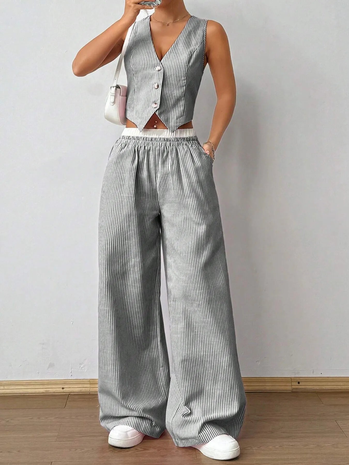 Striped Vest Top and Wide Leg Pants Two - Piece Set
