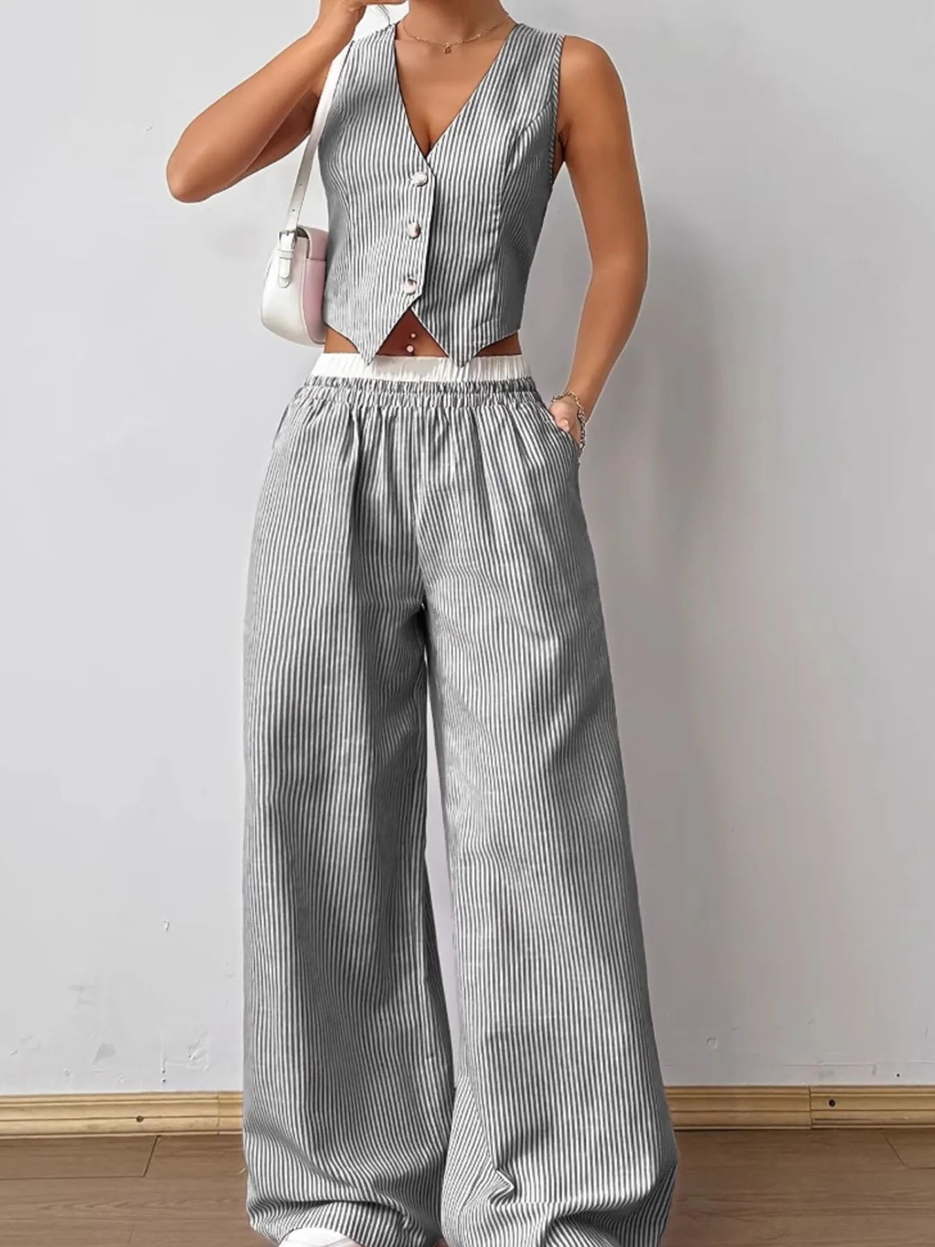 Striped Vest Top and Wide Leg Pants Two - Piece Set