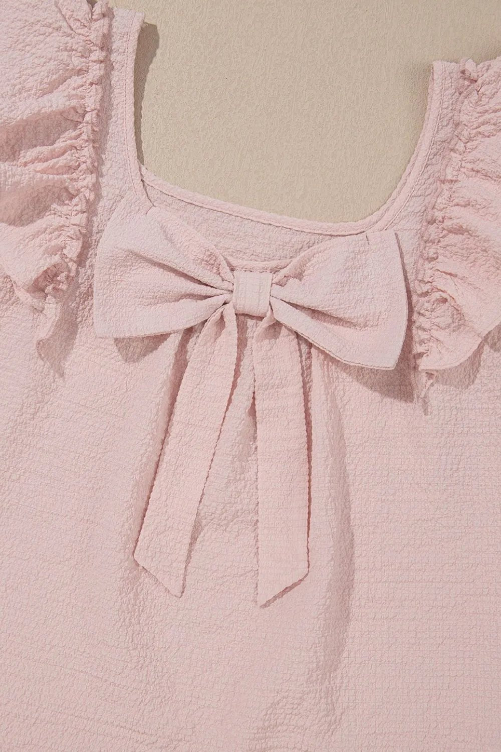 Textured Bow Knot Frilled Butterfly Sleeve Blouse