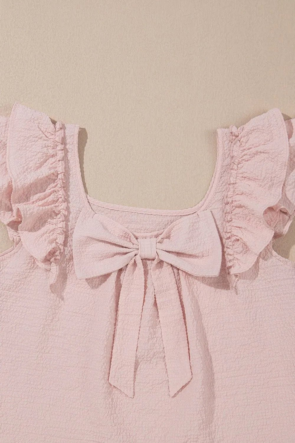 Textured Bow Knot Frilled Butterfly Sleeve Blouse