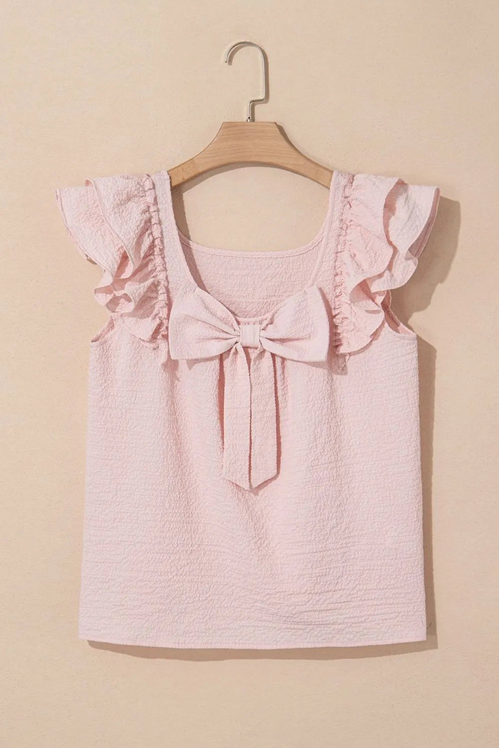 Textured Bow Knot Frilled Butterfly Sleeve Blouse