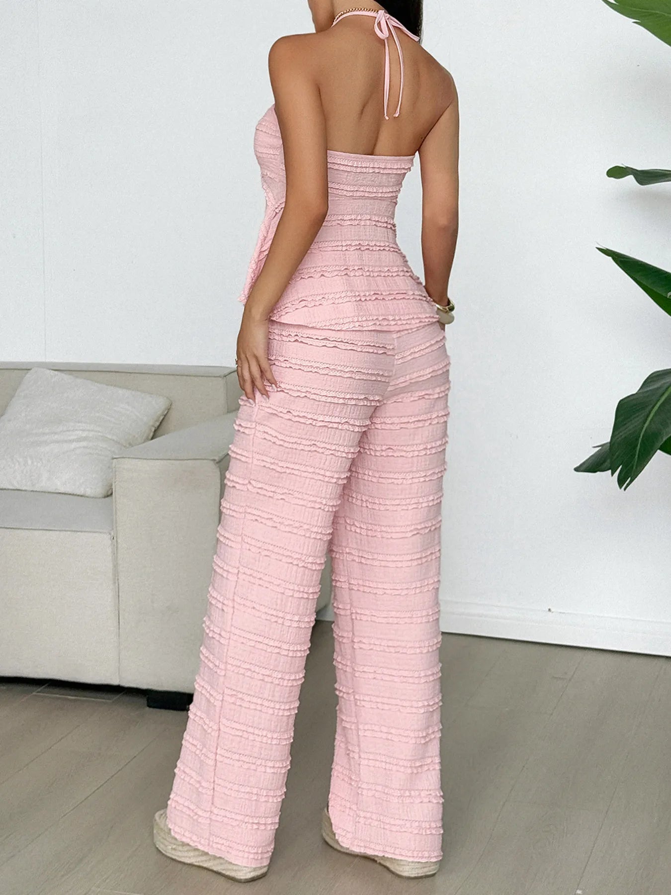 Textured Halter Neck Cami and Pants Two - Piece Set