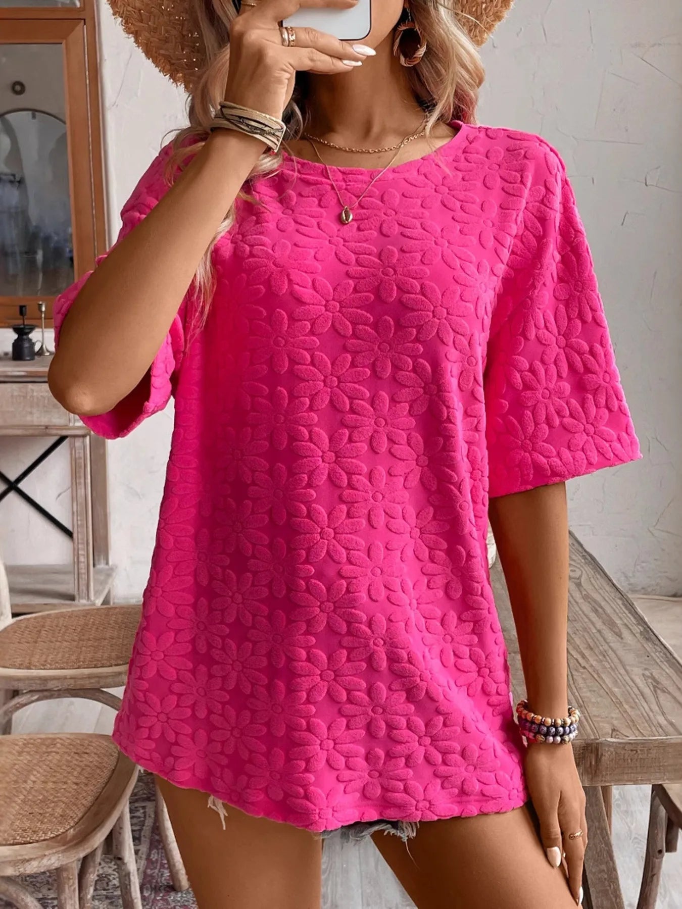 Textured Round Neck Oversized T-Shirt
