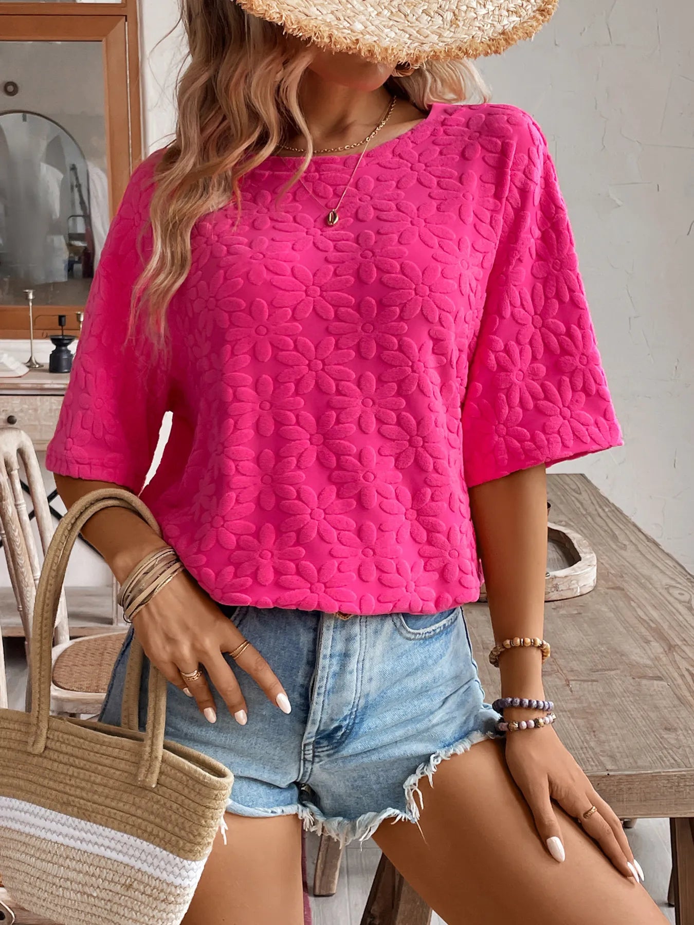 Textured Round Neck Oversized T-Shirt