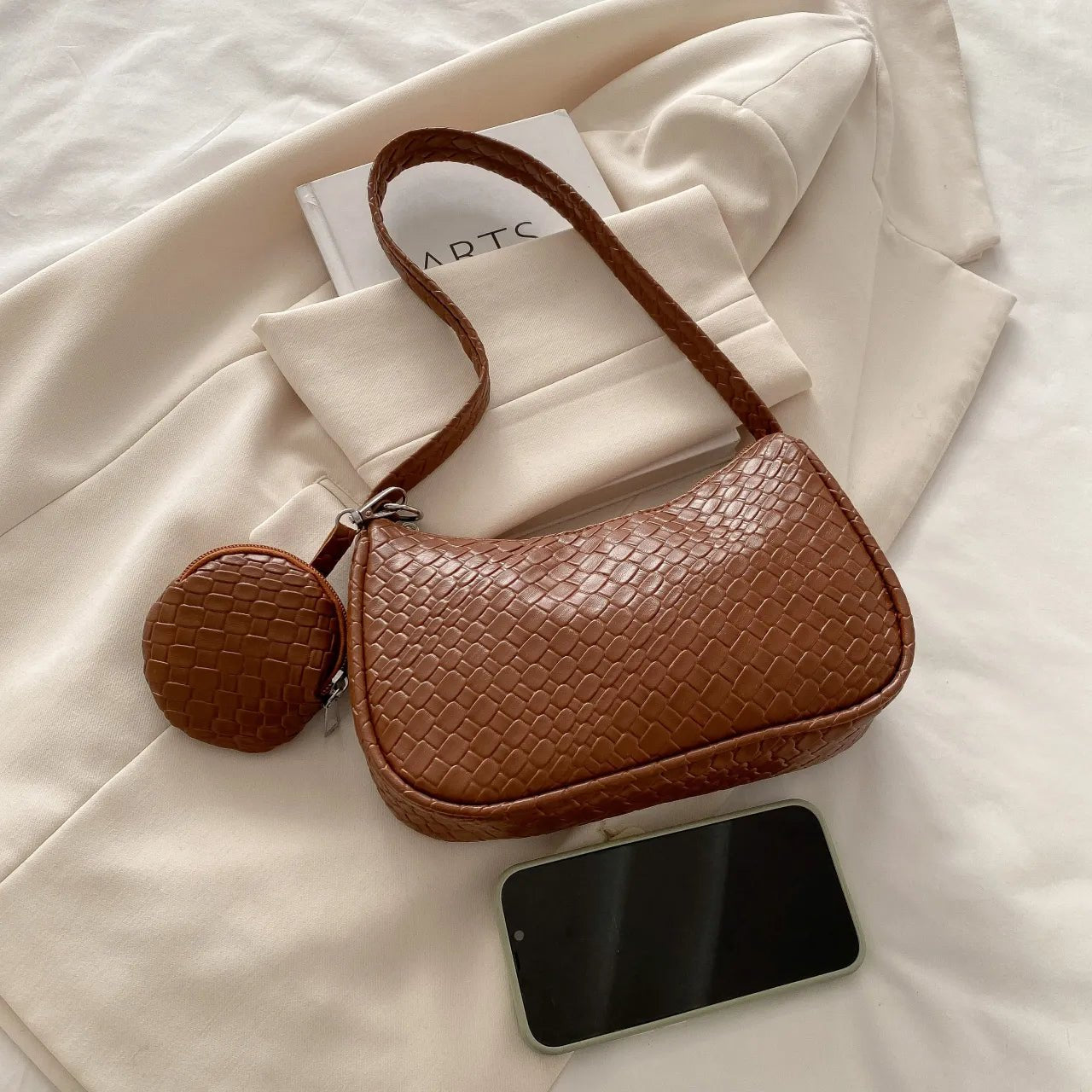 Textured Shoulder Bag with PouchBag