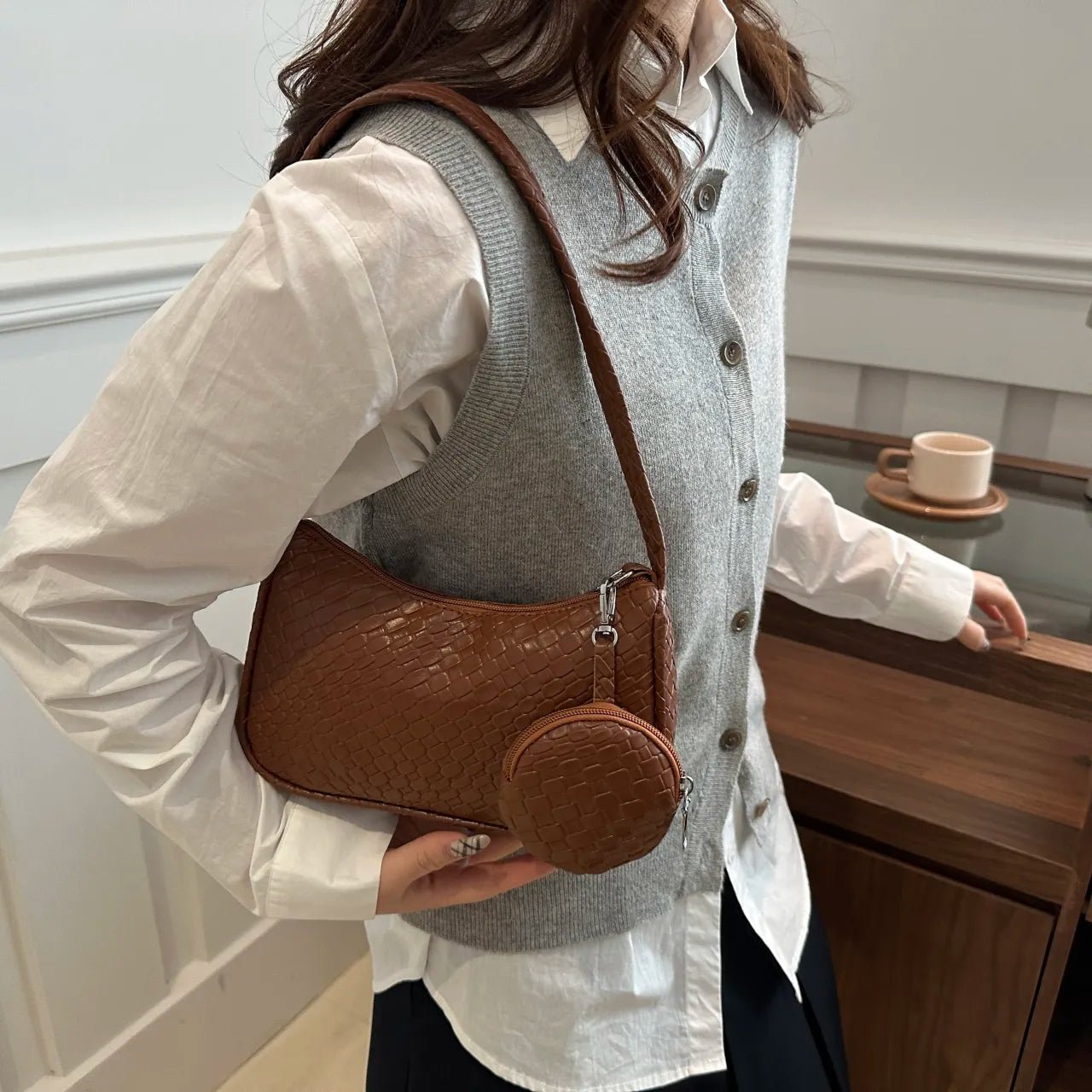 Textured Shoulder Bag with PouchBag