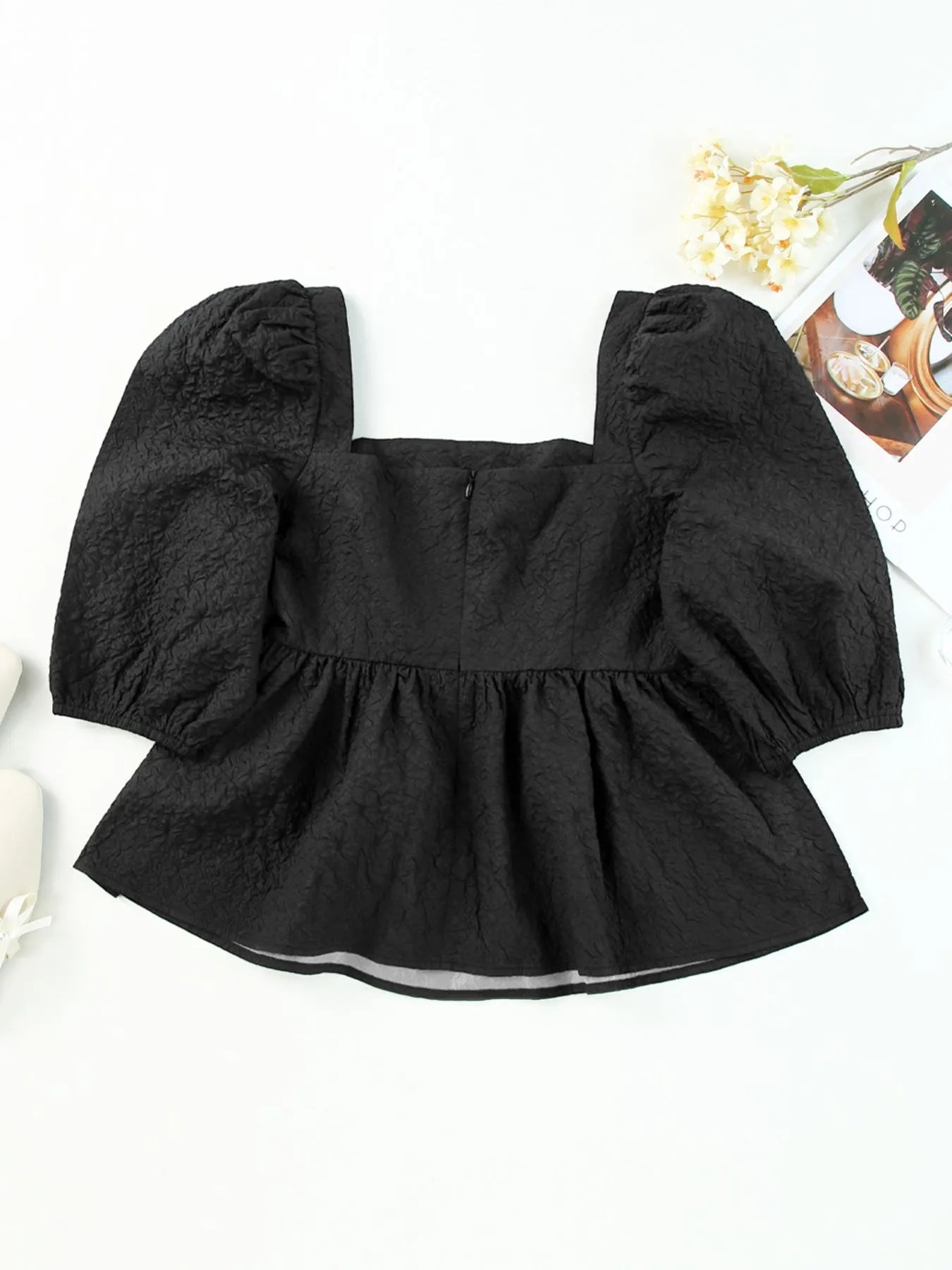 Textured Square Neck Puff Sleeve Peplum Blouse