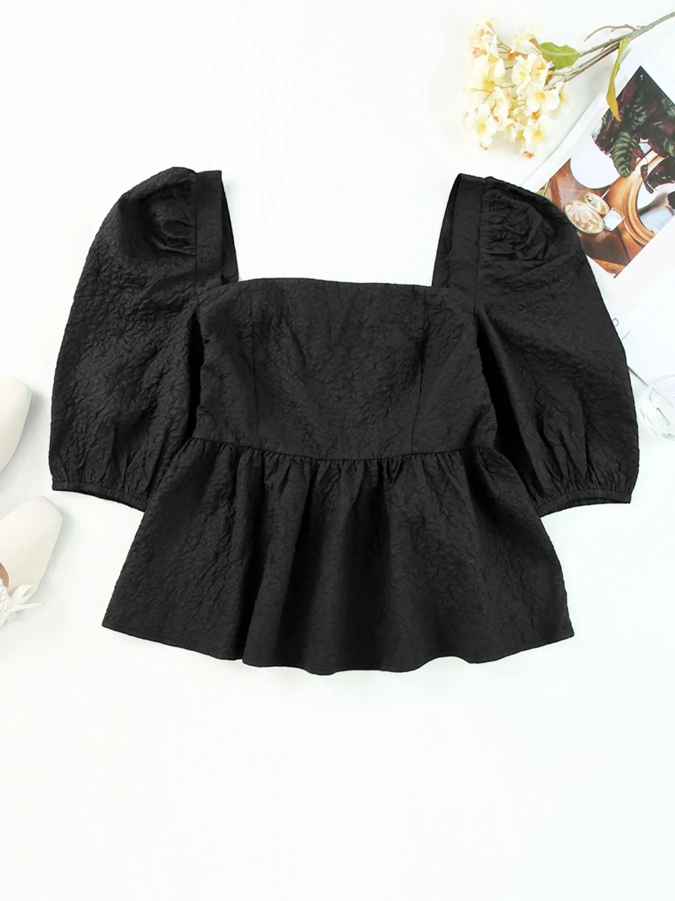 Textured Square Neck Puff Sleeve Peplum Blouse