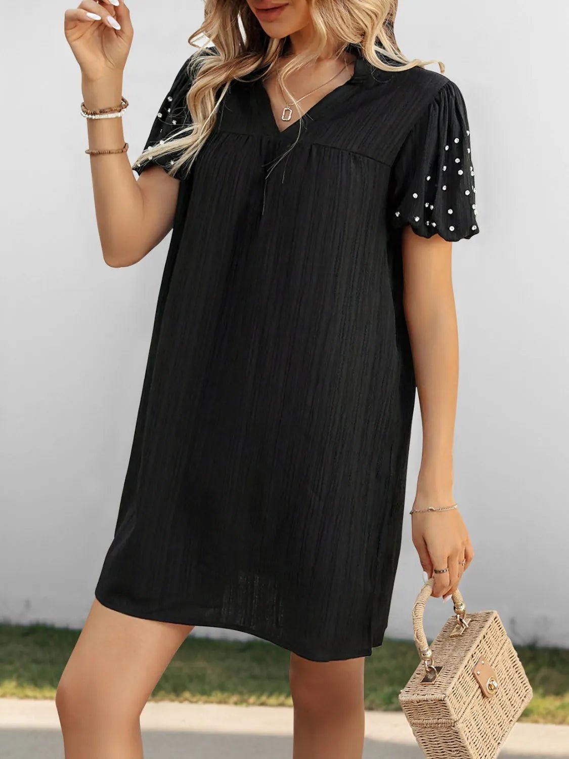 Textured V - Neck Short Sleeve Mini Dress