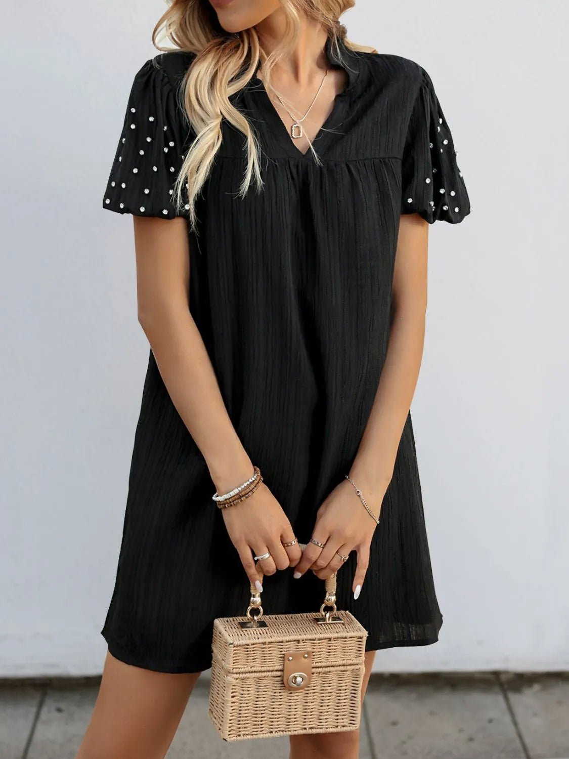 Textured V - Neck Short Sleeve Mini Dress
