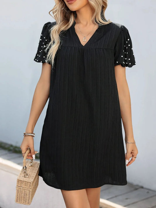 Textured V - Neck Short Sleeve Mini Dress